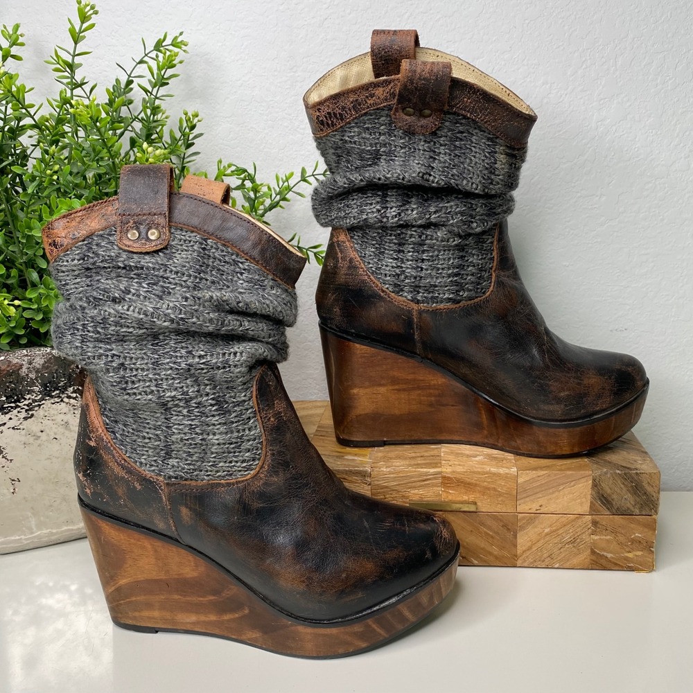 Bed Stu Bruges Distressed Platform Wedge Ankle Boots Gray Knit Brown Leather 7.5
